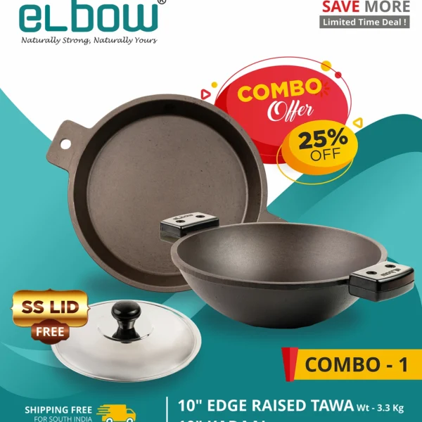 Combo 1 - 10 inch edge raised tawa + 10 inch Deep Kadaai, with SS lid free